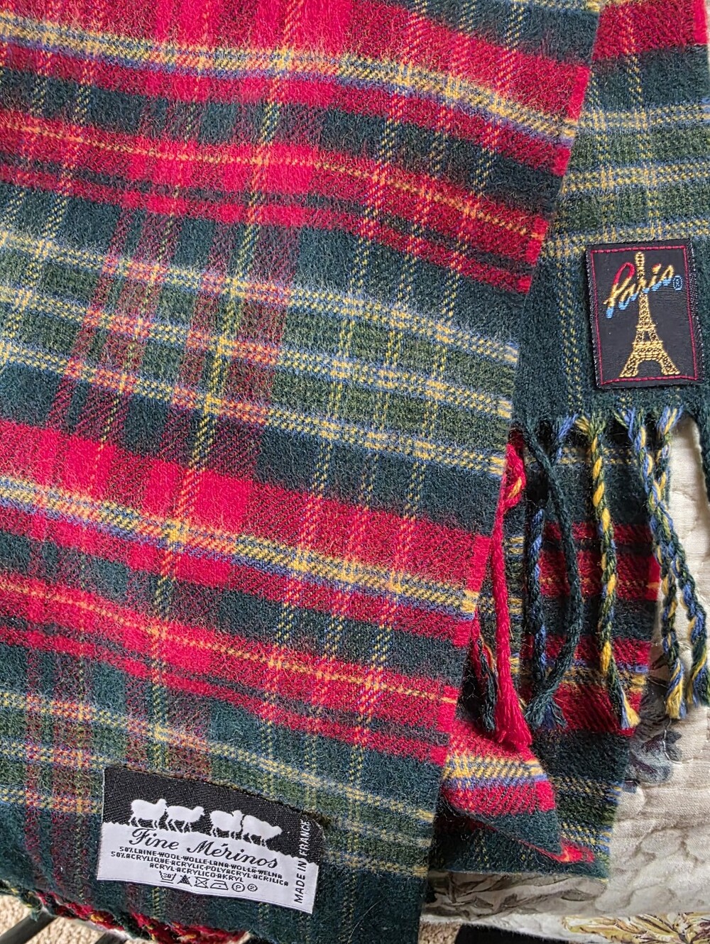 Beautiful Plaid Wool Blend Scarf Made In FRANCE. -NEW-